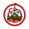 Game controller wearing a Santa hat above red and green Merry Christmas lettering.