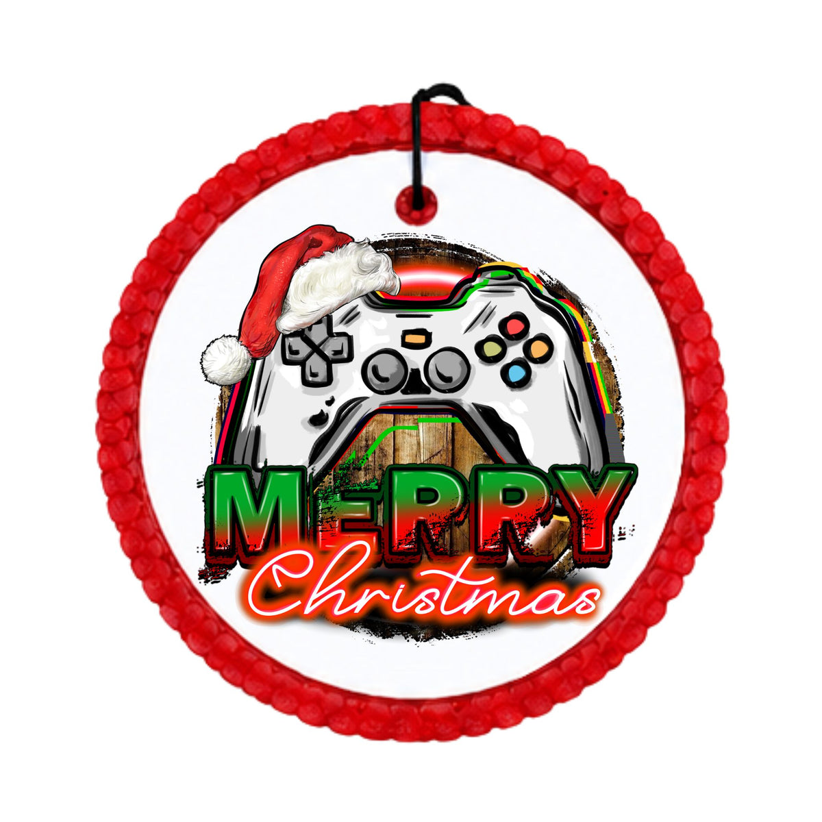 Game controller wearing a Santa hat above red and green Merry Christmas lettering.