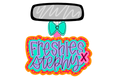 A colorful logo featuring a gray car rear-view mirror at the top with a turquoise bow and pink skirt illustration below, above a wavy outlined sign that reads 'Freshies by Stephy.'