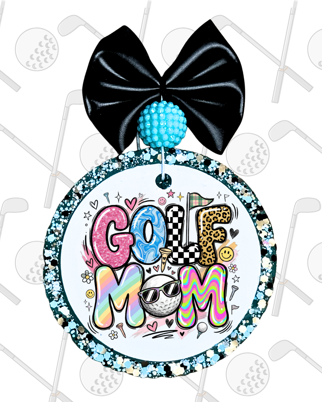 Colorful 'GOLF MOM' ornament with a black bow and blue ball on a white background.