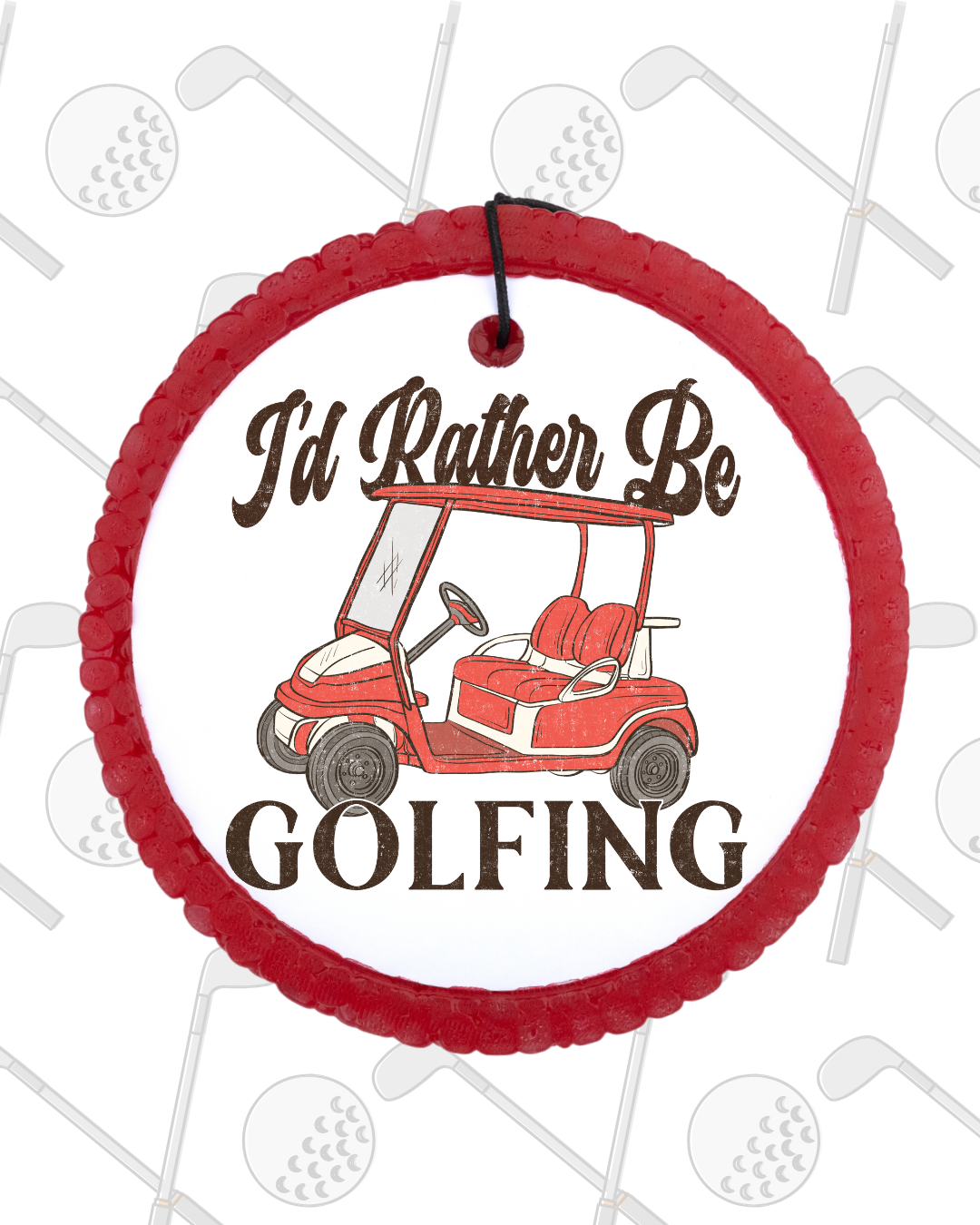 Circular red ornament with a golf cart graphic and 'I'd Rather Be Golfing' text on a white background with golf-themed decorations.