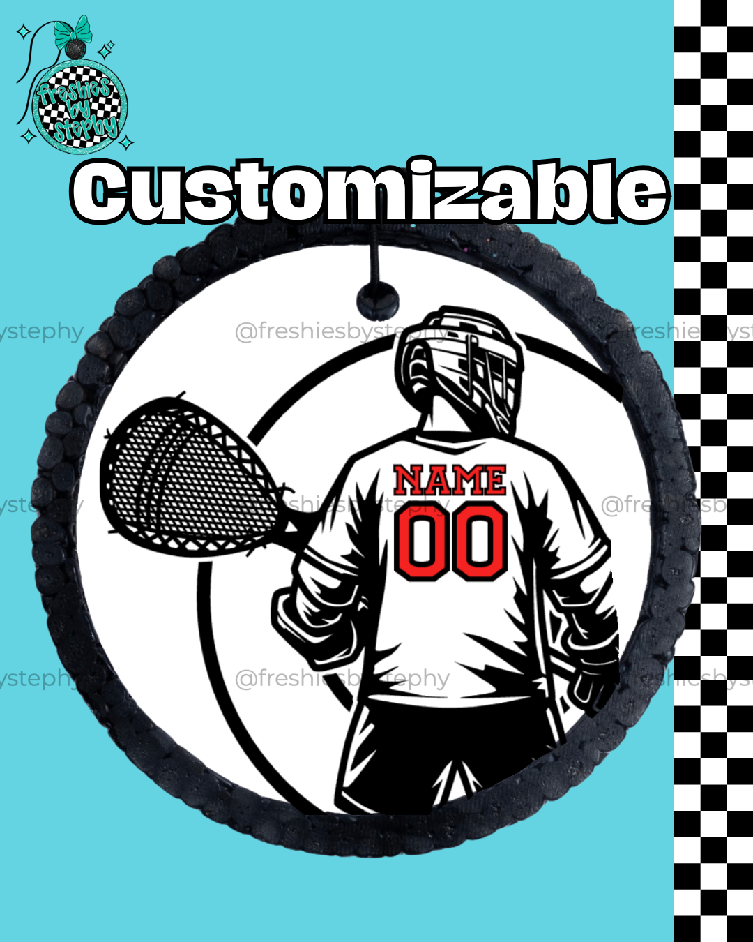 custom lacrosse goalie car freshener with name and number