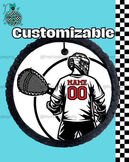 custom lacrosse goalie car freshener with name and number