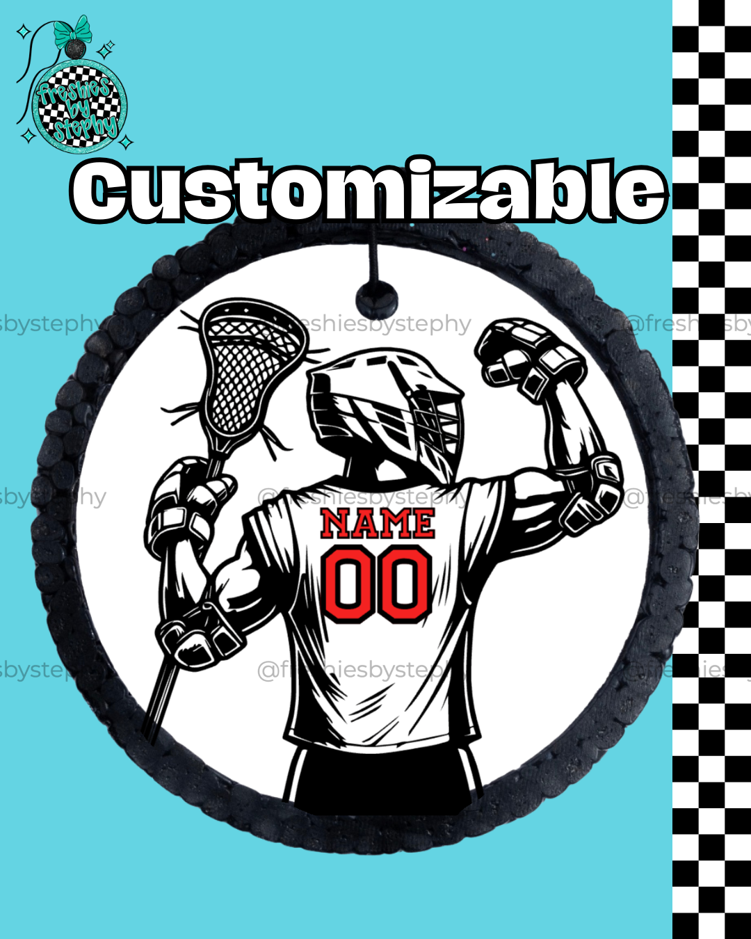 custom lacrosse player car freshener with name and number