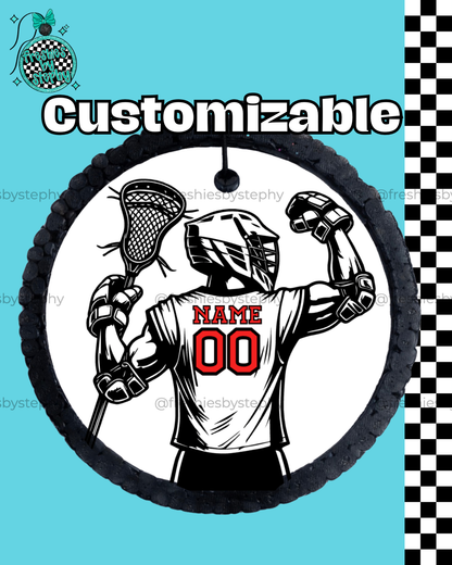 custom lacrosse player car freshener with name and number