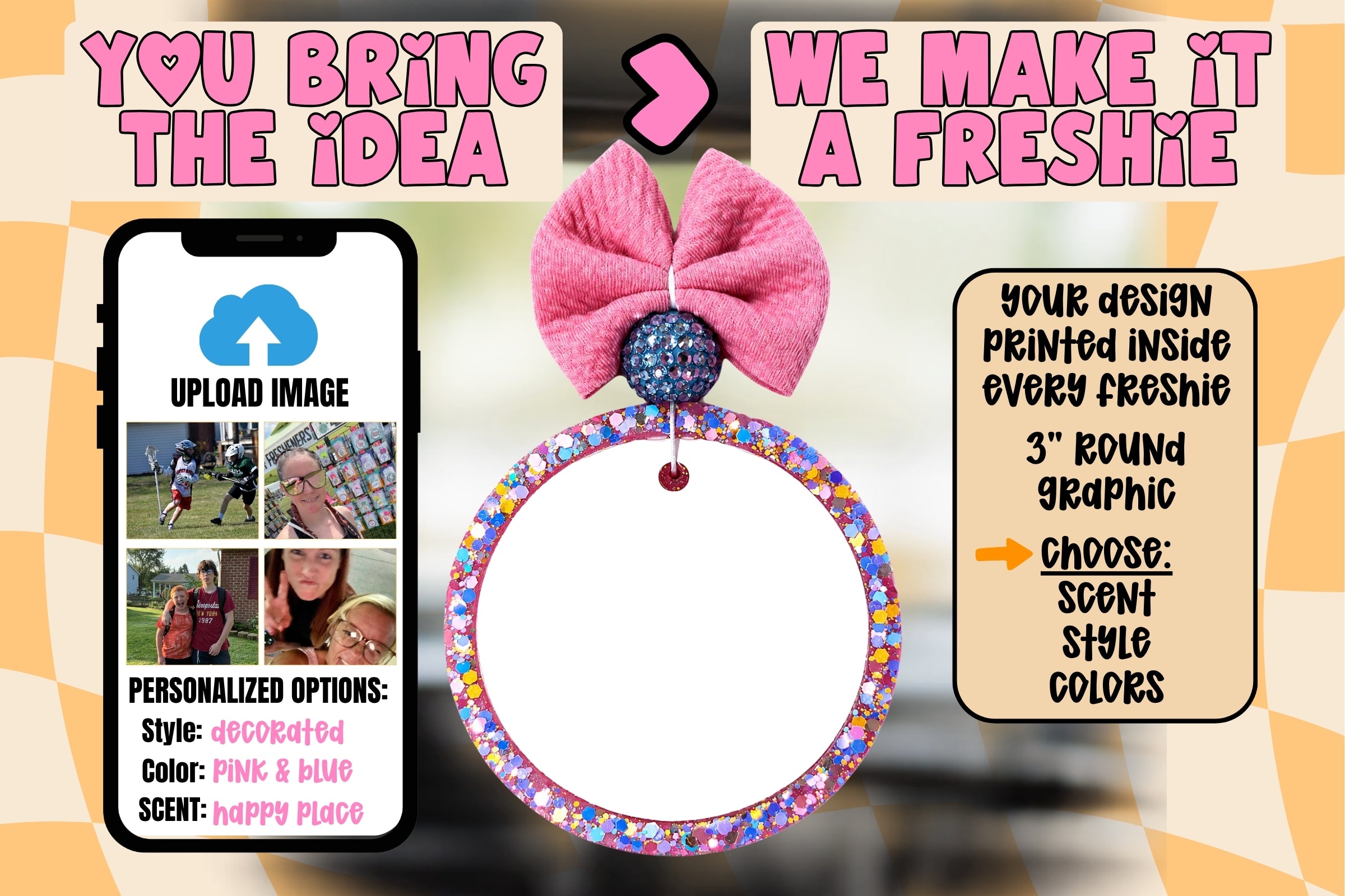 Custom Freshie before personalization, showing a blank 3.5-inch round freshie ready for a customer’s uploaded design.