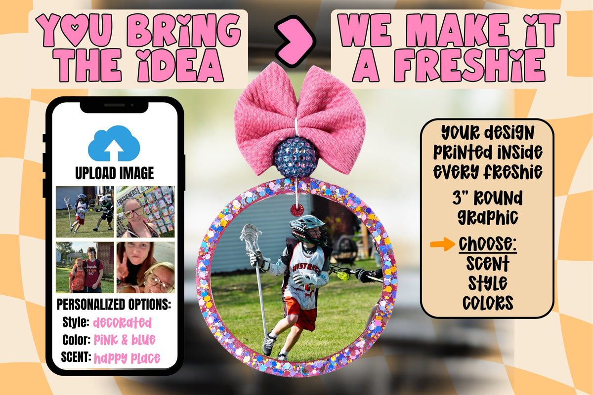 Custom personalized Freshie featuring a customer photo printed inside a 3.5-inch round freshie with a decorative glitter border, bead, and handmade bow.
