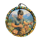 hanging car freshener with add on glitter for men to add texture and color to simple freshie by freshies by stephy. This is a custom freshener with a image of man with dog.