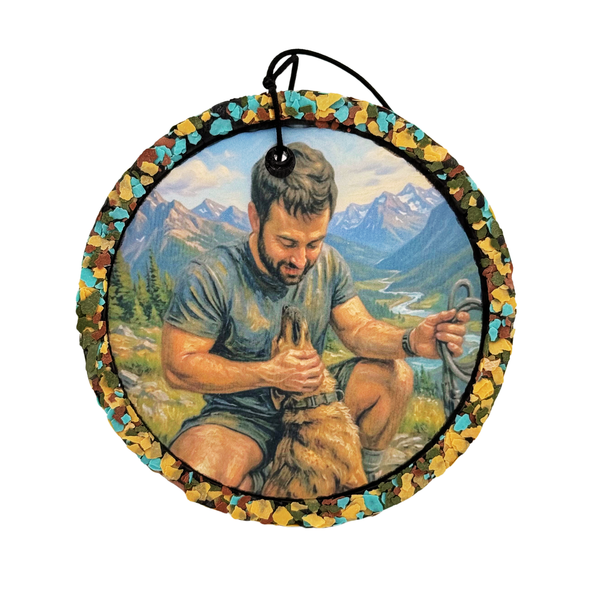 hanging car freshener with add on glitter for men to add texture and color to simple freshie by freshies by stephy. This is a custom freshener with a image of man with dog.