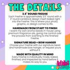 Freshies By Stephy product details showing 3.5-inch handmade freshies, scented aroma beads, signature bead and bow hangers, and hand-finished quality.