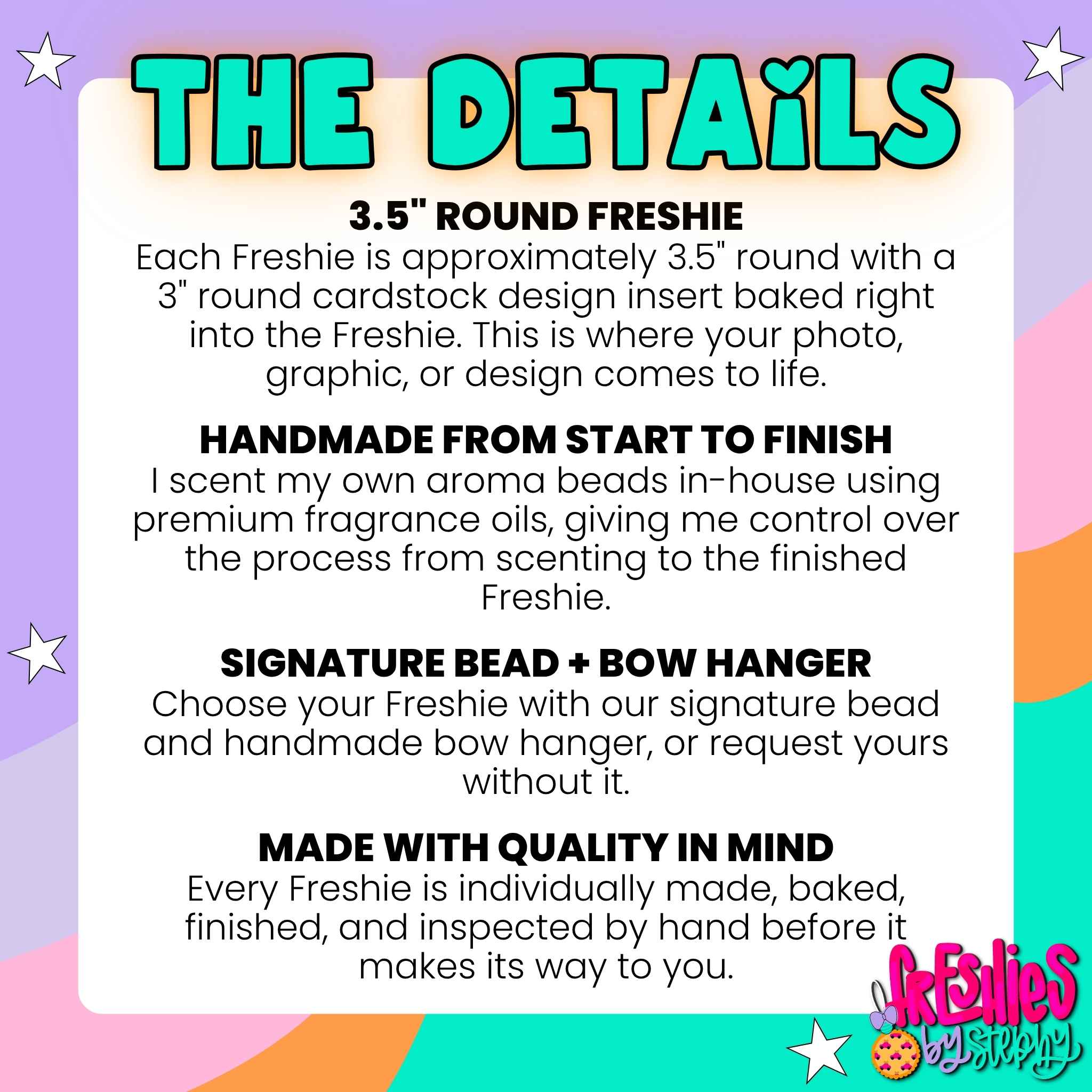 Freshies By Stephy product details showing 3.5-inch handmade freshies, scented aroma beads, signature bead and bow hangers, and hand-finished quality.
