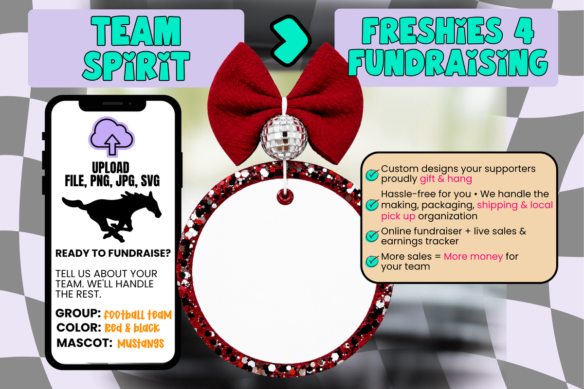 Freshies By Stephy custom Freshies 4 Fundraising team freshie example before personalization, featuring a red and black glitter border and red bow.