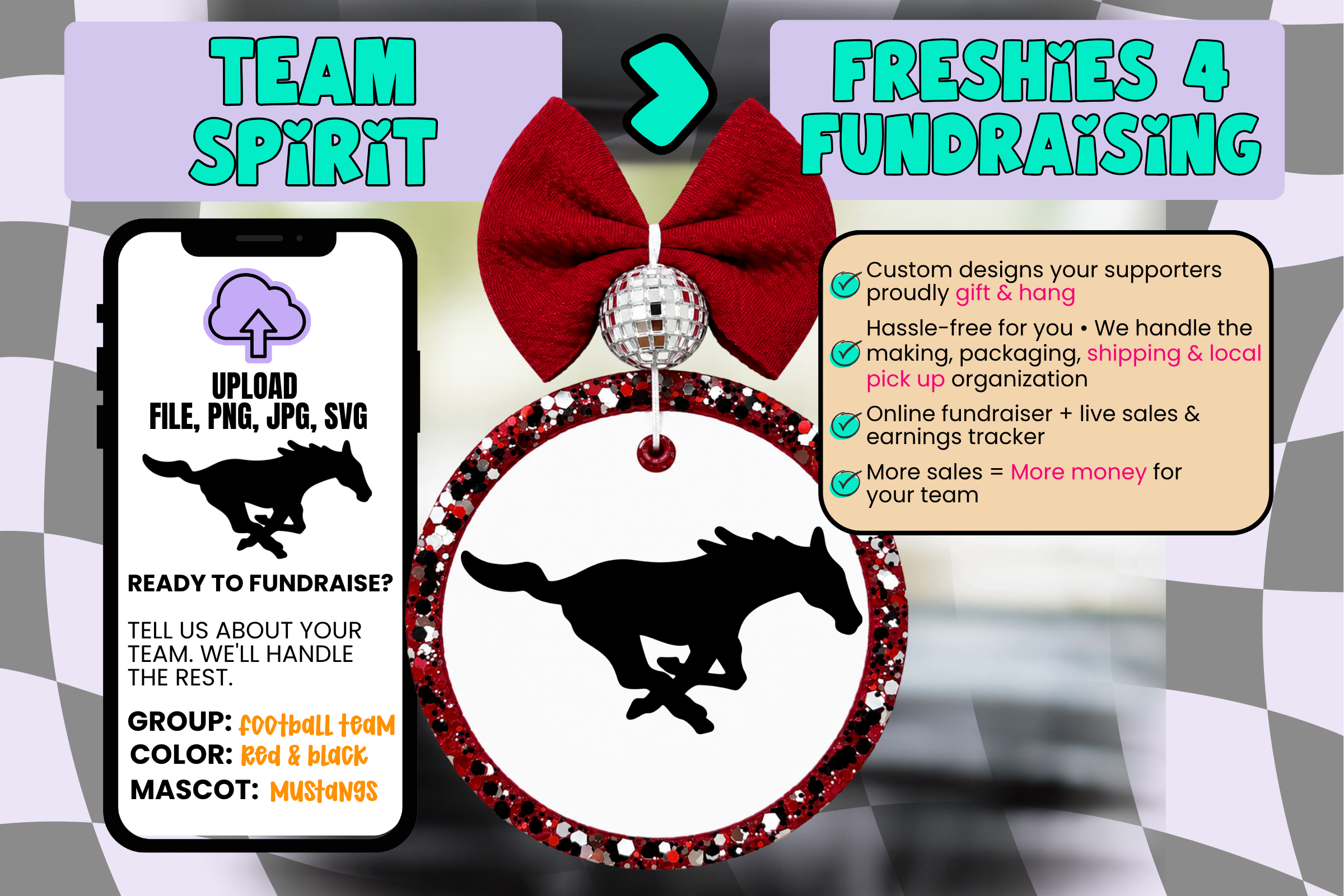 Freshies By Stephy personalized Freshies 4 Fundraising team freshie featuring a Mustangs football logo, showing how a team design can be customized for fundraising.
