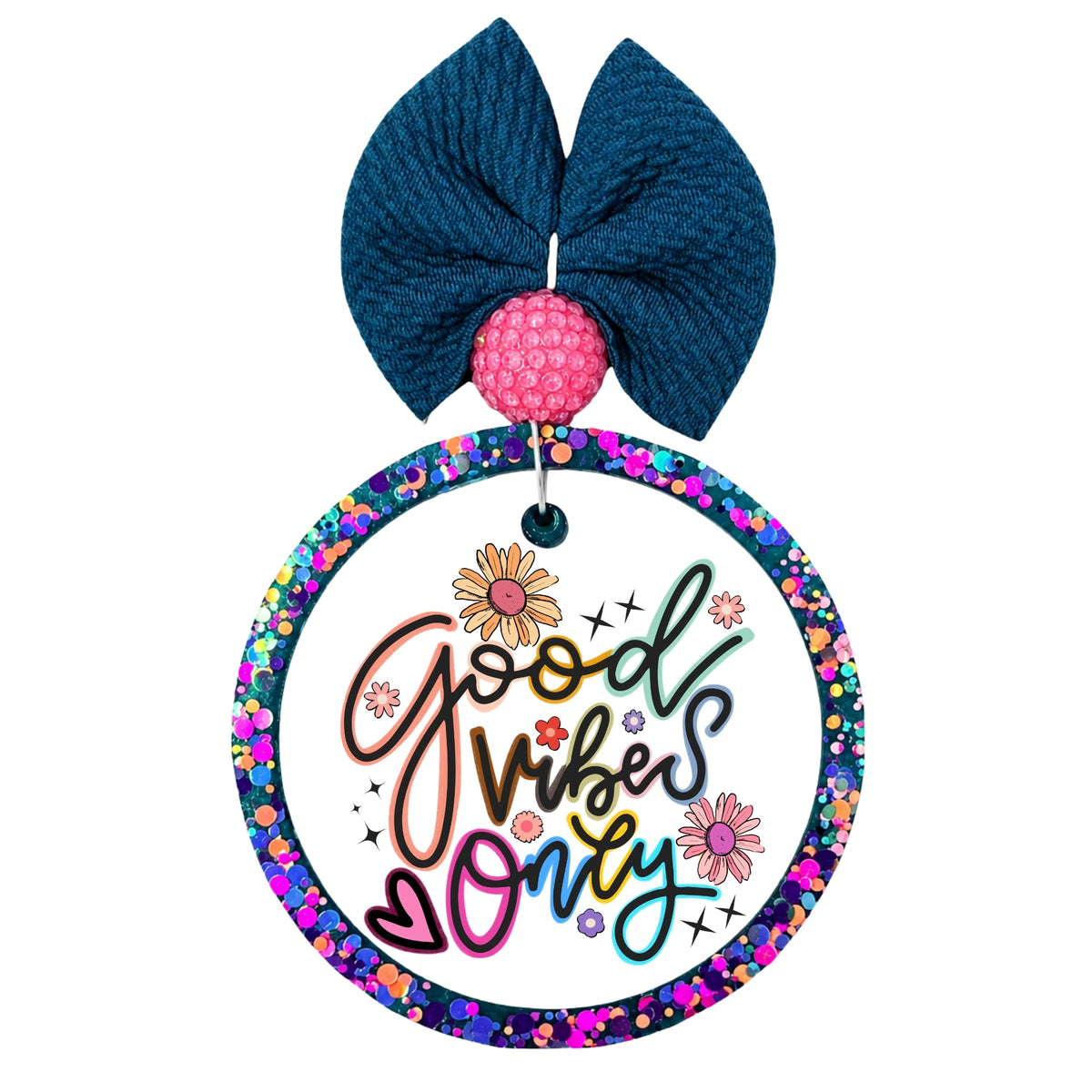 A circular hanging car air freshener featuring Good Vibes Only in colorful floral lettering.