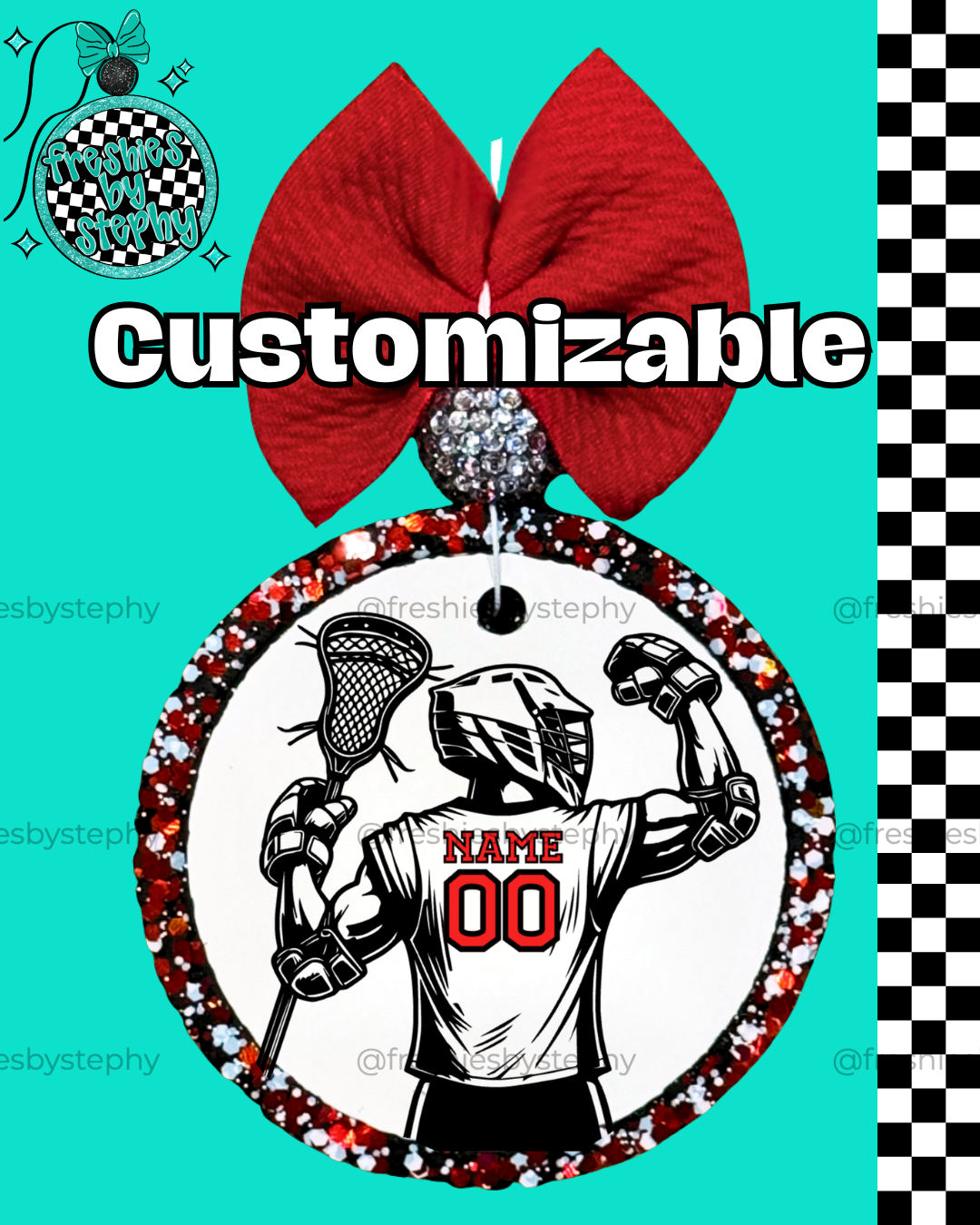 custom lacrosse player car freshener with name and number