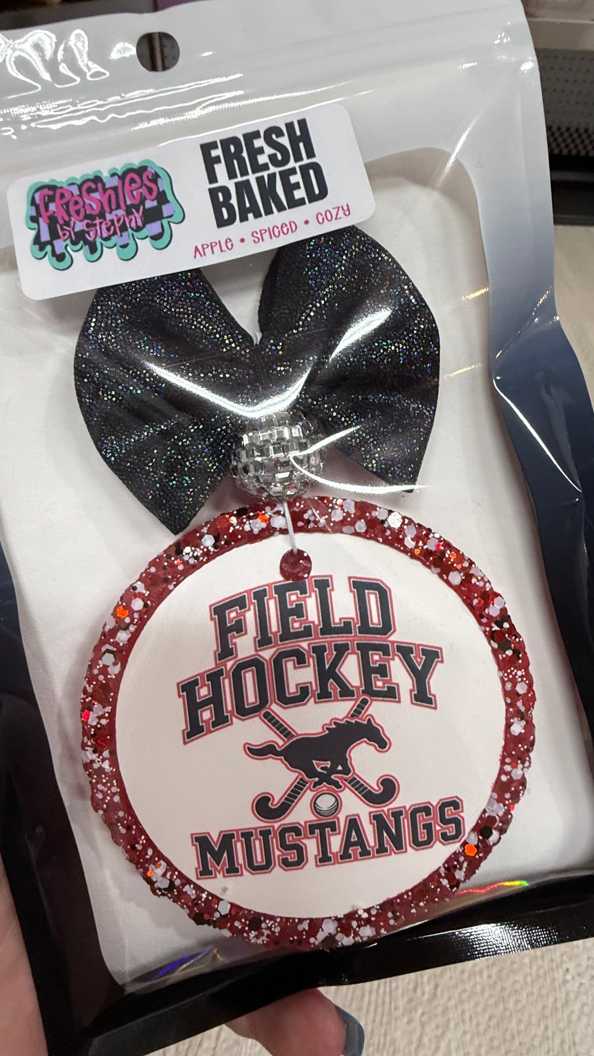 custom hanging car freshener with a High School Field Hockey Mustangs graphic
