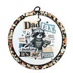 A raccoon in sunglasses holds a milkshake and hamburger beside Dad Tax and Making Sure It's Not Poison lettering.
