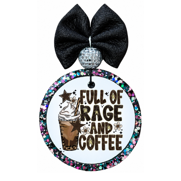 Decorative ornament with a black bow, disco ball, and 'Full of Rage and Coffee' text on a white background
