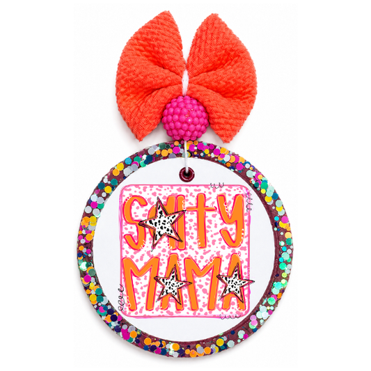 Colorful hair bow with 'Salty Mama' text on a white background