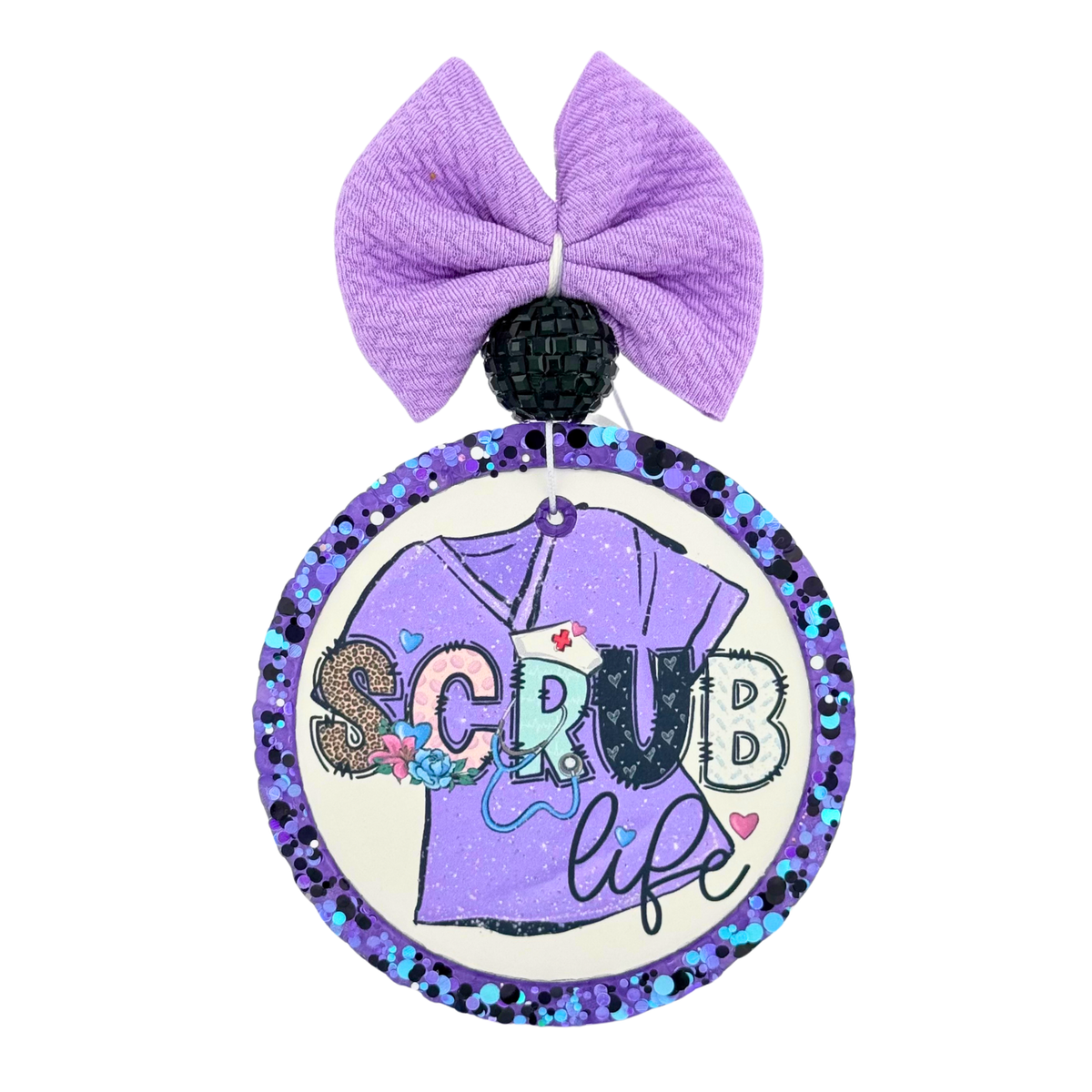 purple hanging car freshener featuring a purple scrub stating "Scrub Life" gift for bnurses