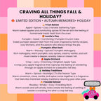 Freshies By Stephy seasonal scent guide featuring six limited-edition fall and holiday Freshie scents: Fresh Baked, Auntie's Pies, Fireside Retreat, Pumpkin After Dark, Apple Orchard, and Holiday Traditions